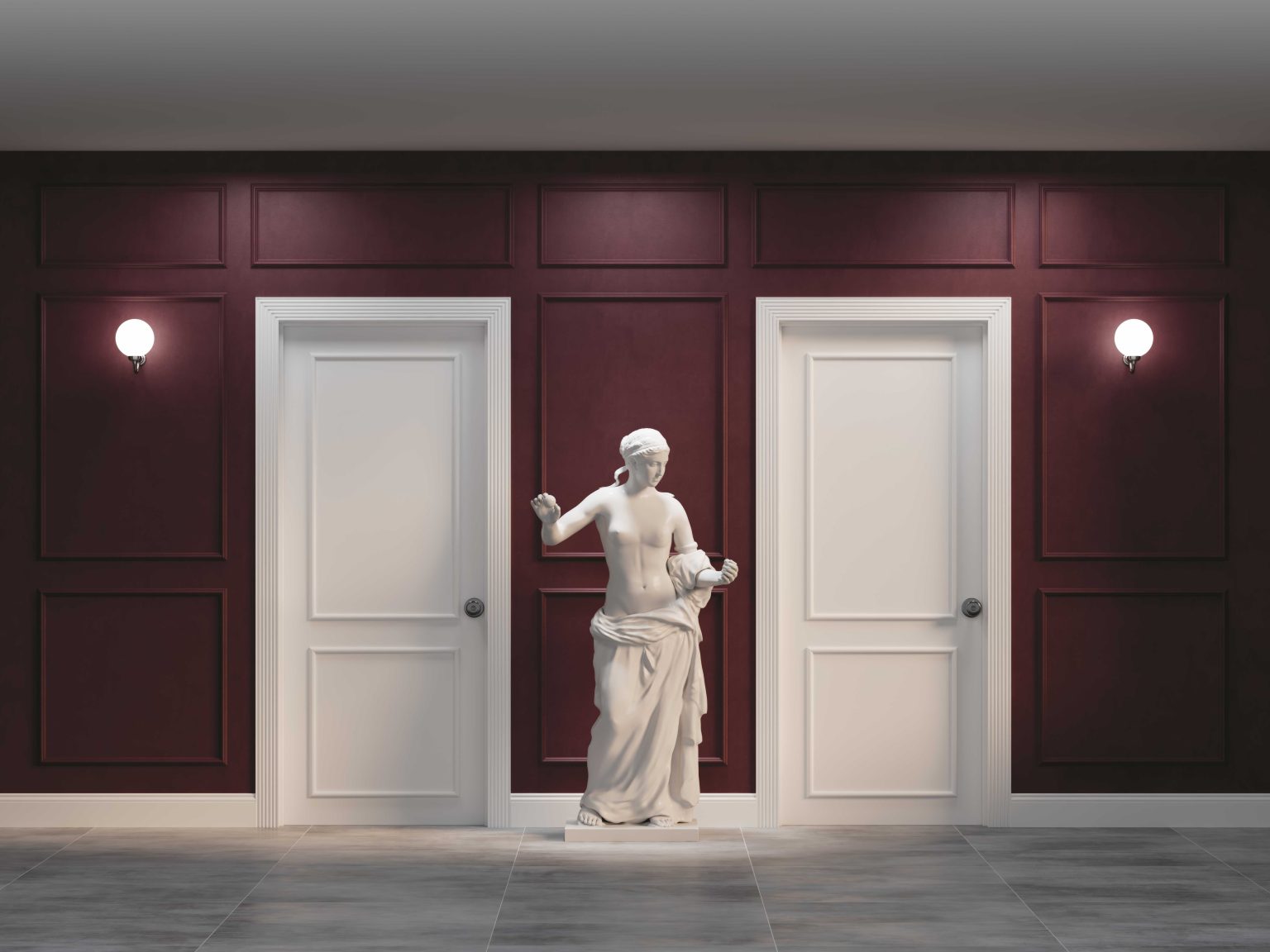 Boiserie bordeaux con finitura decorativa ARD, porte bianche e scultura classica