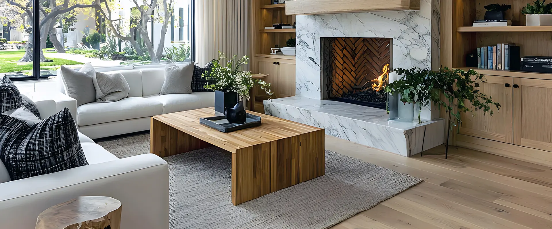 Salotto con superfici in legno e marmo, immagine promozionale GEAL per il trattamento dei materiali