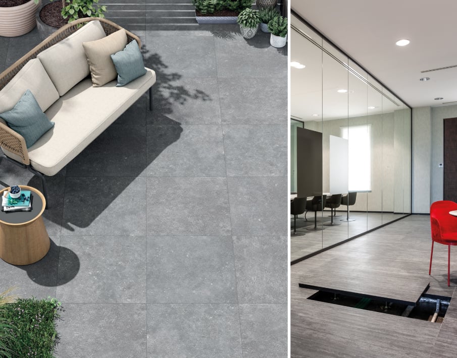 Pavimenti sopraelevati Giussani per interni ed esterni, con pannello sollevato per l’accesso agli impianti