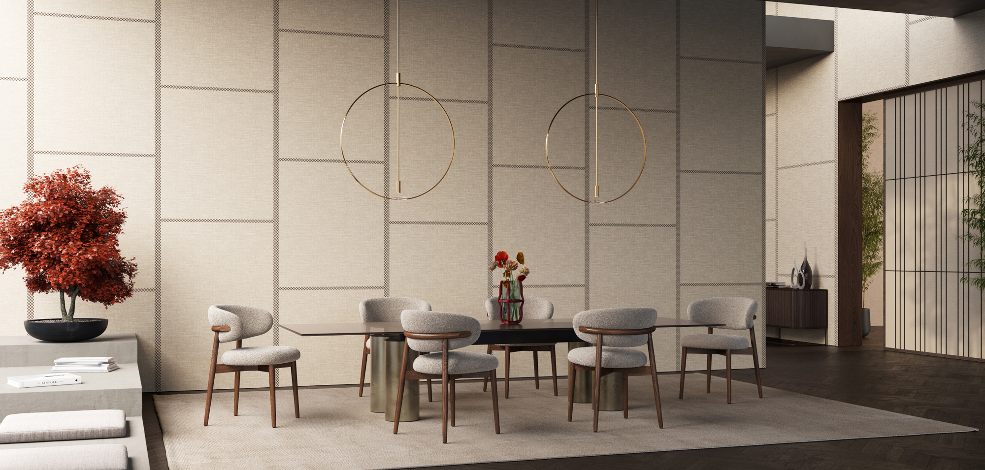 Ambiente contemporaneo con carta da parati geometrica Zambaiti e tavolo da pranzo